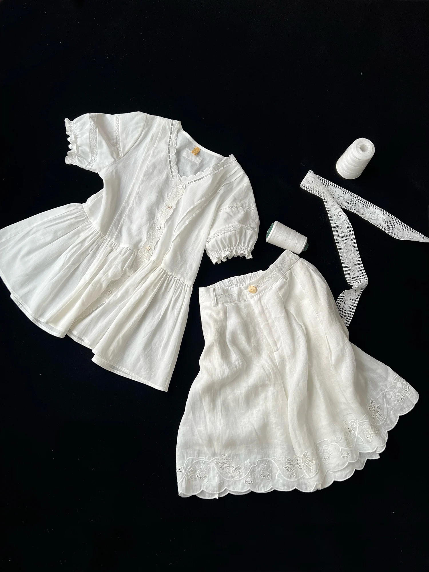 

Ele Embroidered Doll irt And Wide Leg Pants Laser Cut Linen Antique Sle Summer Fruits Theme Office Wear for Women