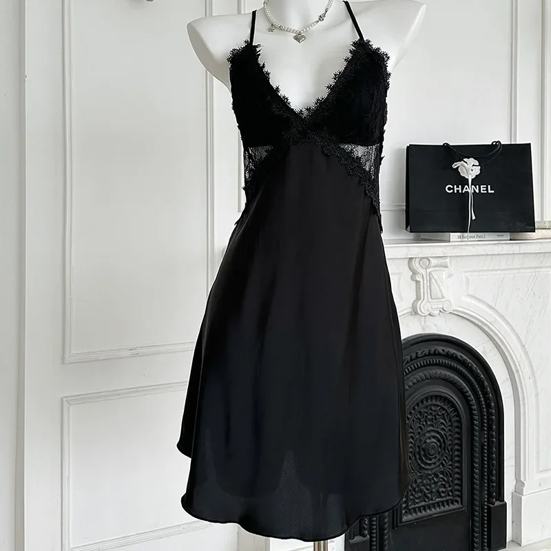 

Black Suspender Nightgown Intimate Lingerie Summer New Women Sleepwear Home Dressing Gown Sexy Patchwork Lace Nightdress Nighty
