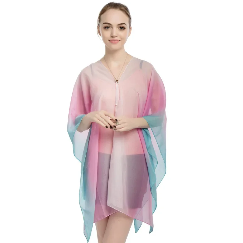 

2024 Summer Style New Chiffon Women Pullover Cape Print Gradient Rainbow Sunscreen Cape Lady Poncho Capes Pink Imitation Silk