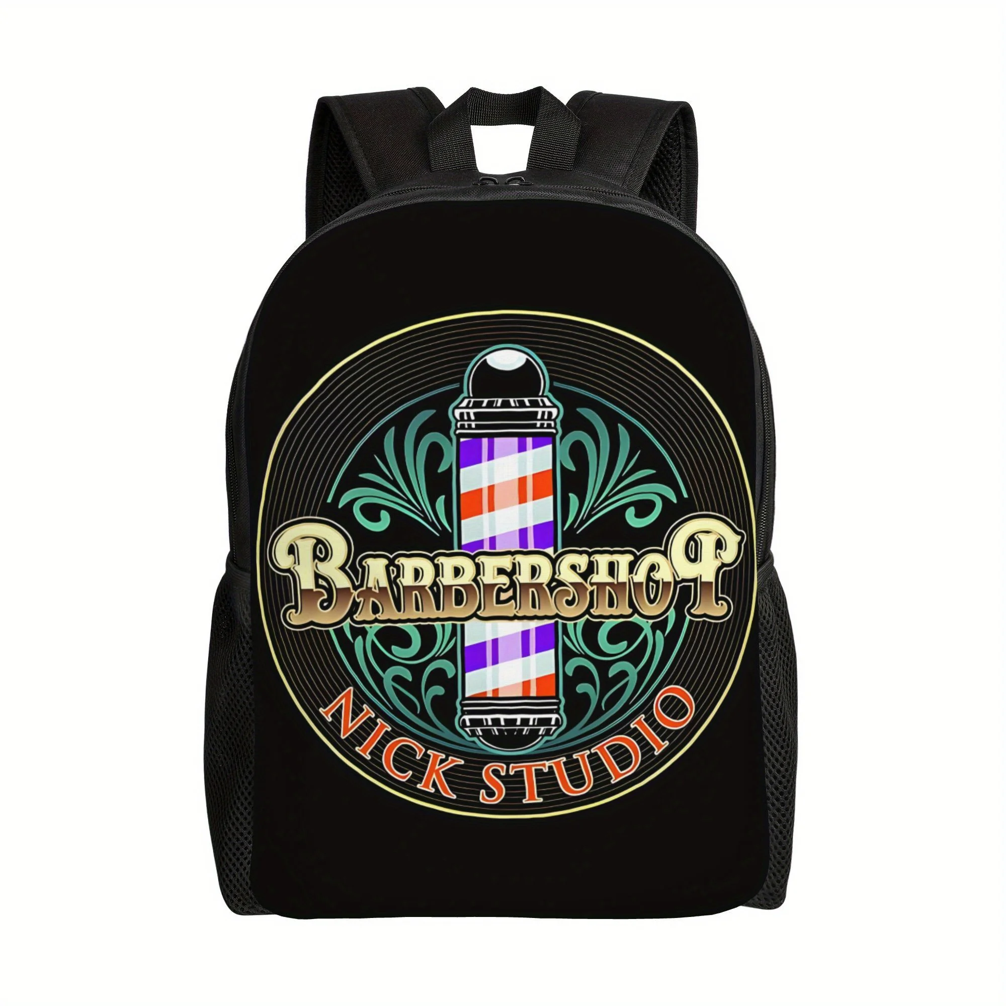 

BIIHUDU Men's Barbershop Backpack - Stylish Black with Vibrant Barber Bar Design, Durable Polyester, Multiple Compartments