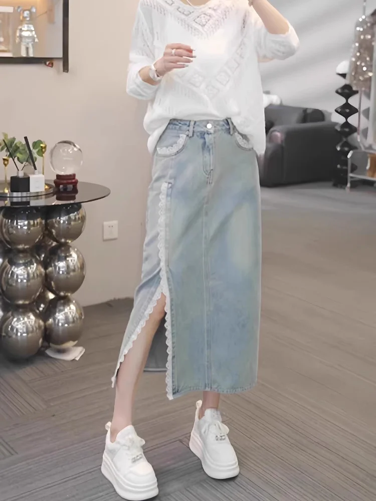 

High Waist Lace Trim Slit Denim Skirt Women's Straight Cut Versatile Design Slimming A-Line Skirt Commute Sle