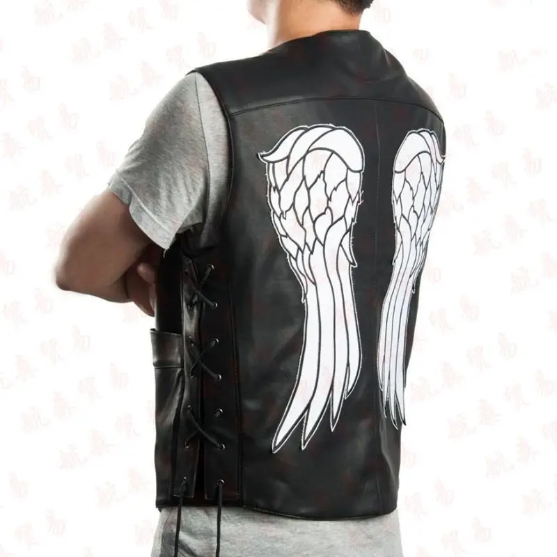 Syn Chaosu w stylu motocyklowym: Harley Motorcycle PU Leather Haftowana kamizelka Kam Shoulder Punk Fashion Skórzany płaszcz dla mężczyzn