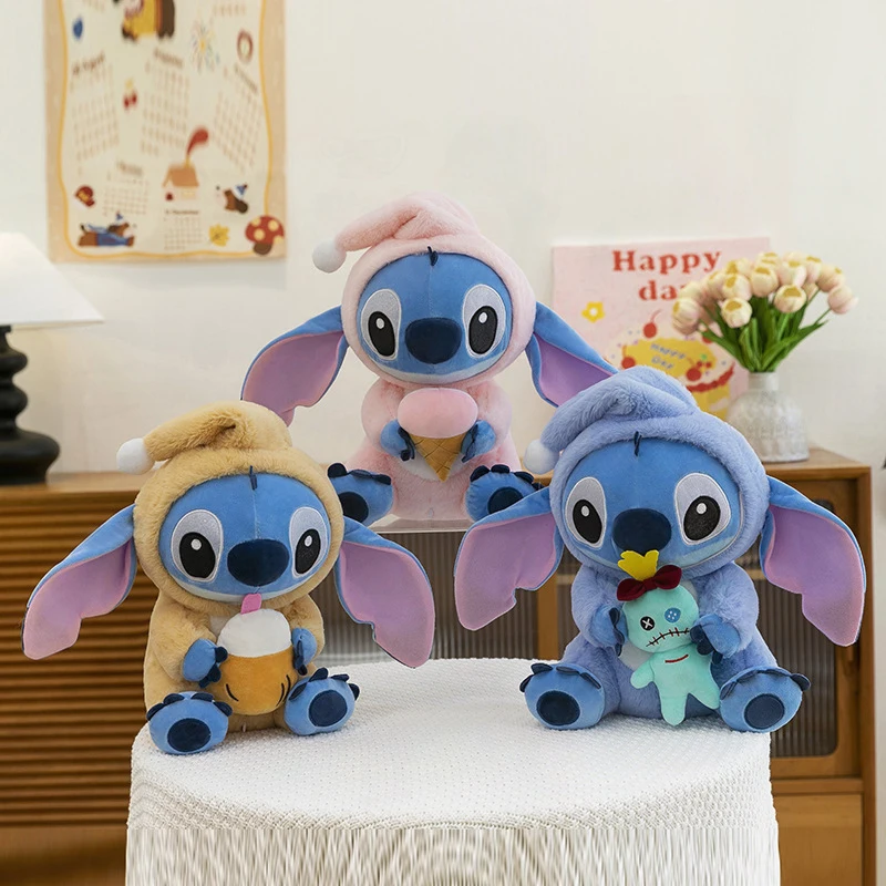 

Kawaii Disney Stitch плюшевая игрушка со шляпой, держащая мороженое, милая мягкая кукла, наполненная животным для детей, подарок на день рождения, мягкий плюш
