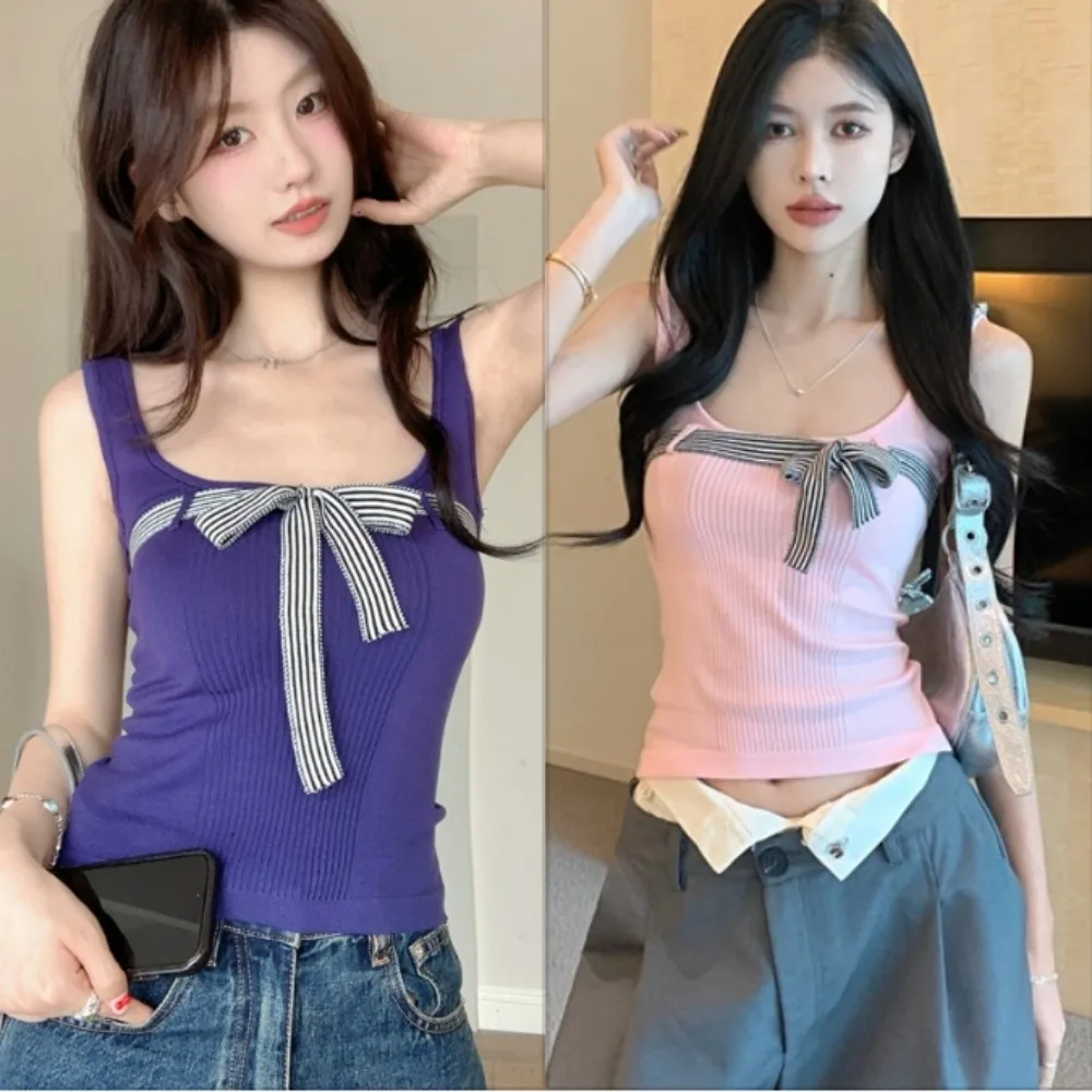 

Bow Sling Camisole Women Summer Slim Casual Off Shoulder Knitted Cropped Tank Top