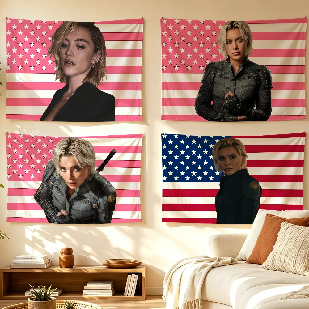 Actress F-Florence Pugh Pink American flag Room Decoration Wall Tapestry Hanging Aesthetic Bedrooms Advertising Banner