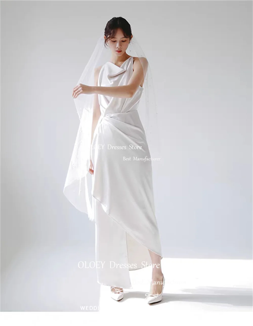 OLOEY Sleeveless Ivory Pleats Satin Wedding Dress Korea Photoshoot High And Low Length Straight Bridal Gown Elegant Formal Gown