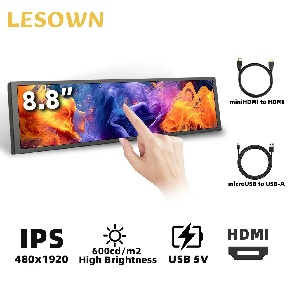 LESOWN LCD Screen Long Strip Portable Wide Monitor 8.8 inch 480x1920 IPS Touchscreen HDMI 600cd/m2 Adjustable Brightness Display