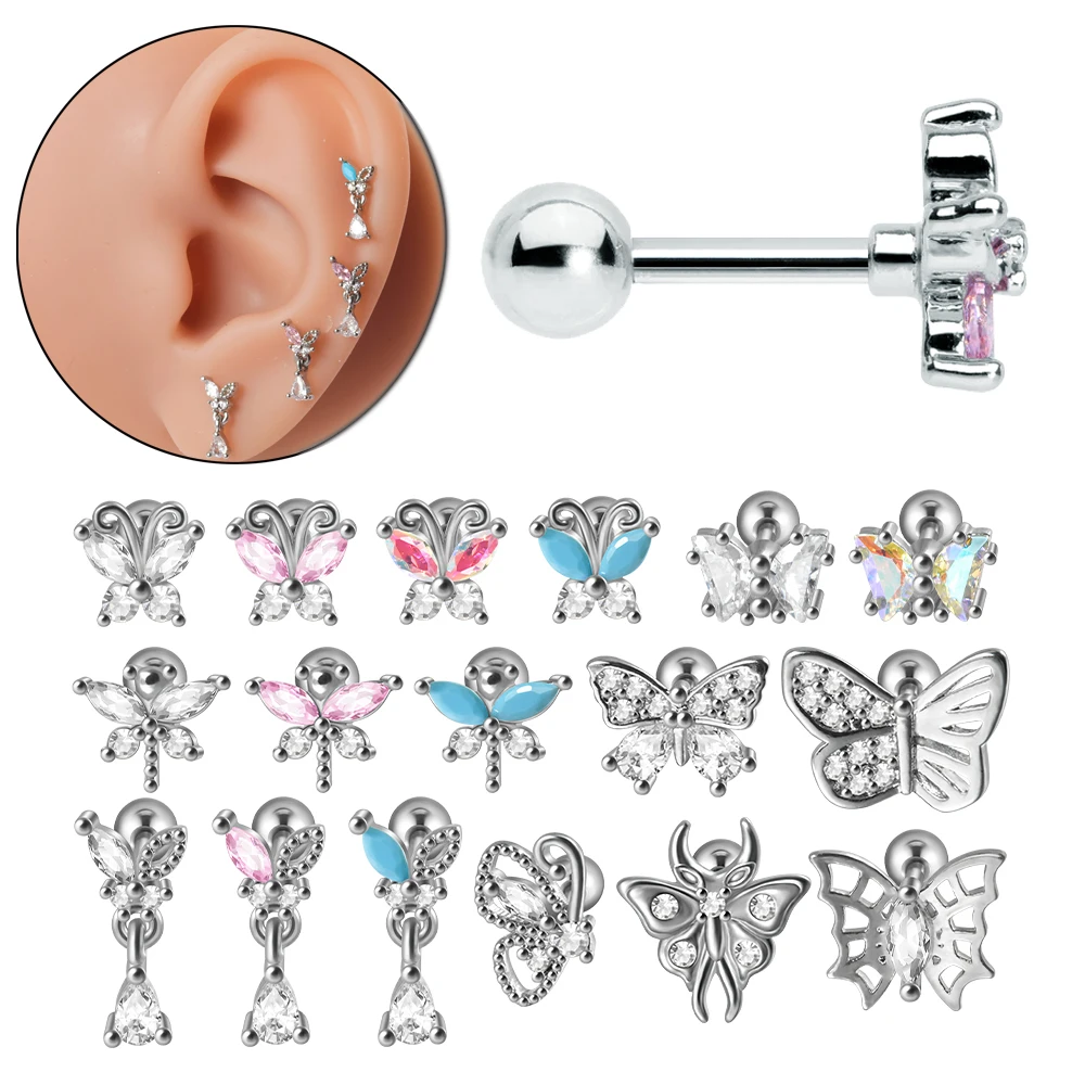 1PC Surgical Steel Turquoise Marquise Butterfly Zircon Ear Cartilage Tragus Helix Earring Daith Lobe Screw Piercing Body Jewelry