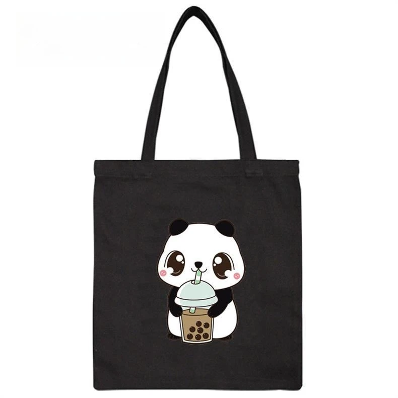 

Cute Panda Canvas Bag Cat Dog Pearl Milk Tea Women's Handbag Large Capacity Shopping Bag Short Term Travel Tote Bag