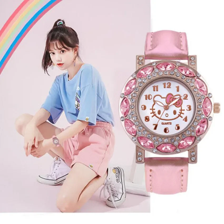 

Hot Sanrio Wristwatch Hello Kitty Watch with Diamond Belt for Women's Quartz Wristwatch Children's Student Cartoon Watch