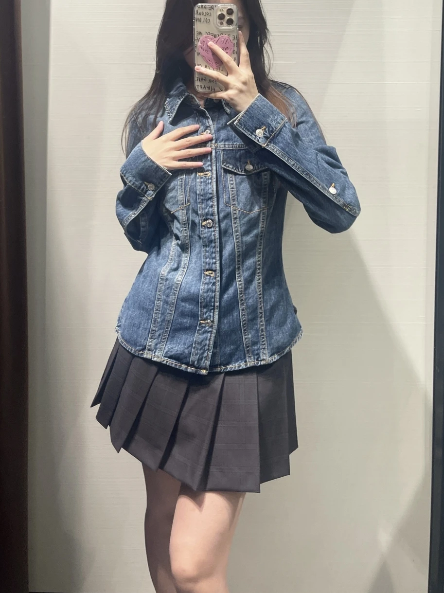 

Ретро-рубашка с воротником и пуговицами, приталенная, из денима, WMXZ, осенняя новинка, для повседневной носки, из полиэфирного волокна, с длинным рукавом, однотонная