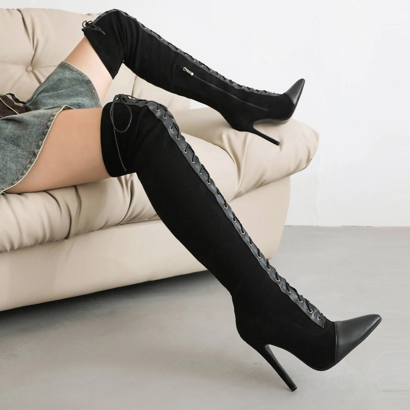 Plus Size Patent Leather Patchwork Flock Cross Tie Over The Knee Boots Pointed Tips Ultra-High Slim Heels Plush Lining Sexy Boot