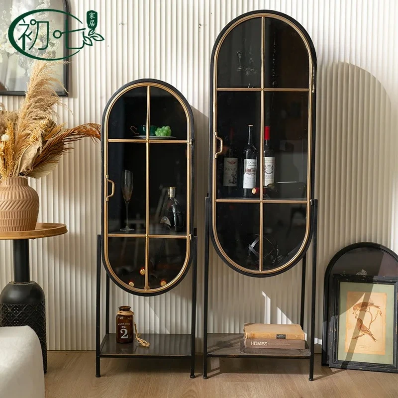 light luxury floor wrought iron wine cabinet, living room ultra-thin decorative cabinet, household dust locker with door