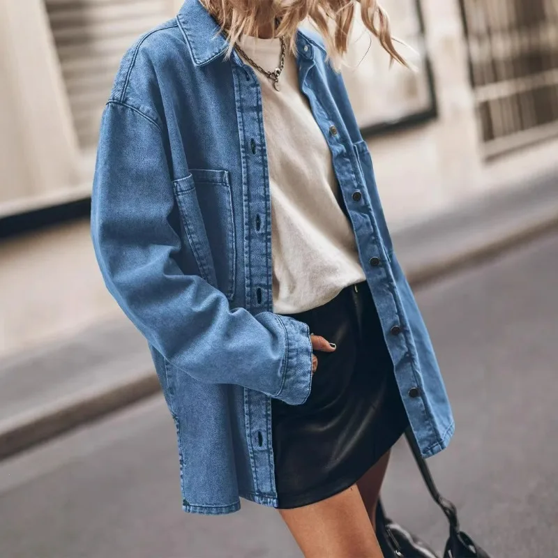 This Cross-border Foreign Trade Female Retro Trend Hong Kong-style Individualistic Wide-pocket Loose Denim Shirt Fashion Simple