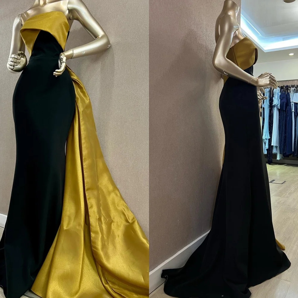 Customized Exquisite Black Satin Evening Dress High Quality Strapless Zipper Back Mermaid Contrast Color Special Occasion Gowns