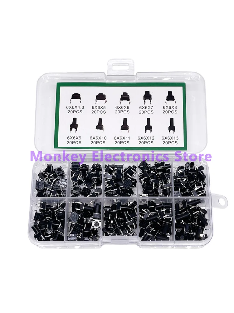 100/180/200pcs 10Models 6X6 Tact Switch Tactile Push Button Switch Kit Height 4.3 5~13MM DIP 4P Micro Switch7*7*14 Self-lockin