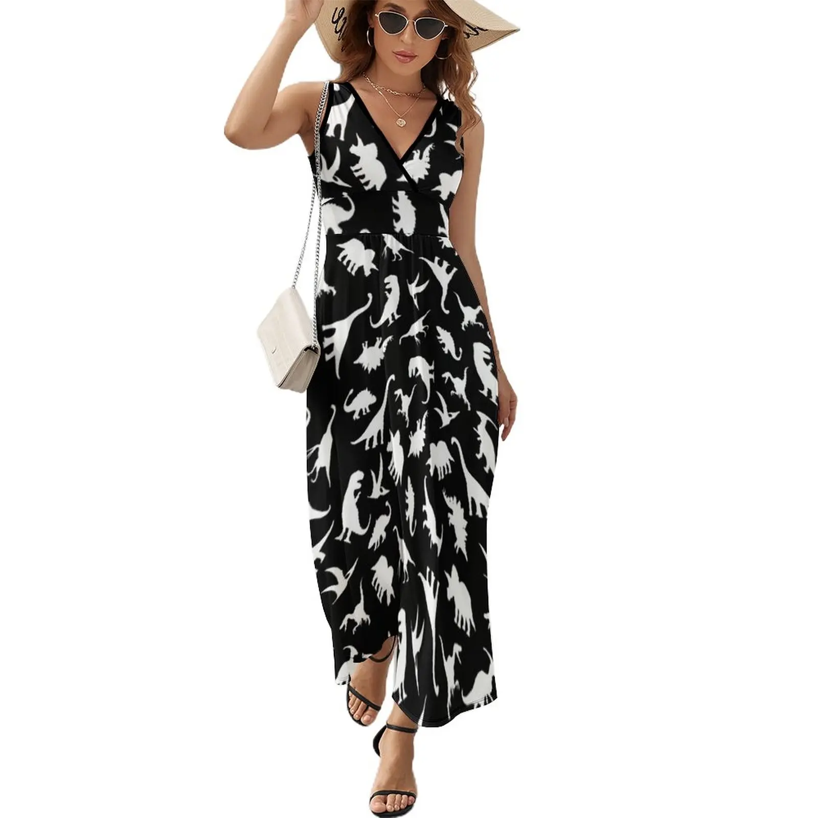 

Fun Dinosaur Pattern (White on Black) Sleeveless Dress dress party night Summer skirt summer dresses women 2024