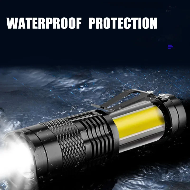 Mini Rechargeable LED Flashlight with Side Light, Using XPE + COB Beads, Support Telescopic Zoom, With Pen Clip, for Adventure
