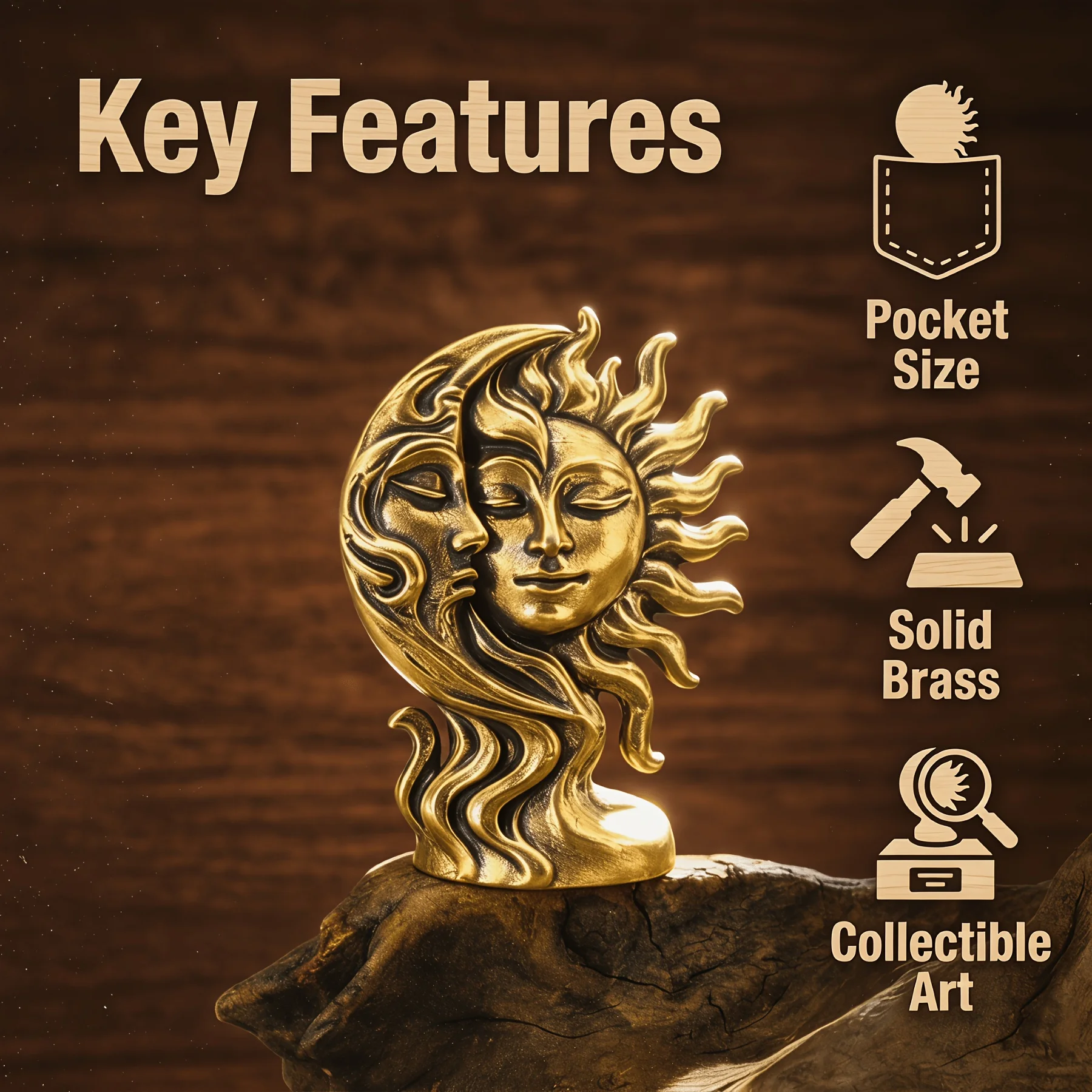 1/2 pieces hand-cast pure brass sun and moon mythological statue ornaments, desktop shelves for home furnishings
