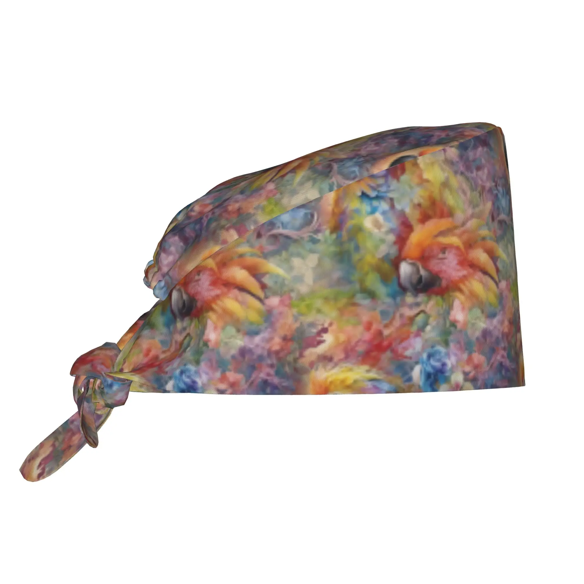Watercolor Parrot Parrots and Flowers in Fantasy Colors Working Hat Cockatiel Macaw Parrotlet Surgical Hat Scrub Nursing Doctor
