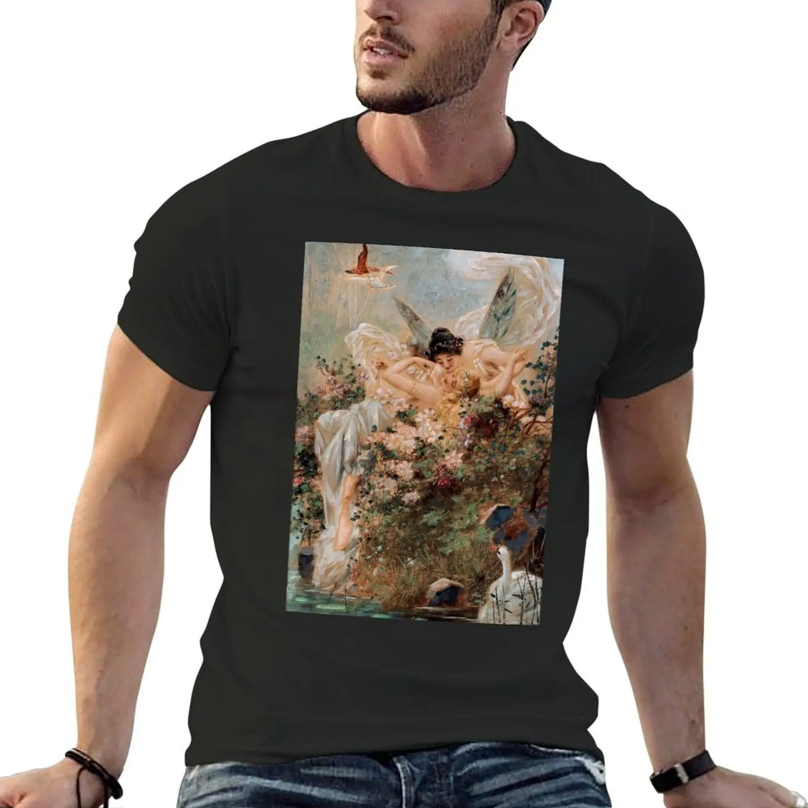 Two Fairies Embracing in a Landscape with a Swan by Hans Zatzka T-Shirt oversized Blouse blanks sports fans Short sleeve tee men