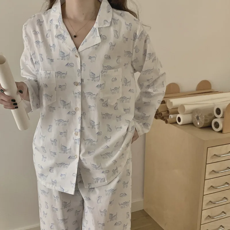 

Cute Cartoon Cat Trousers Set for Women New Home Wear Soft Cotton Pajamas Long Sleeve Shirt&pants Loungewear Loose Nightwear