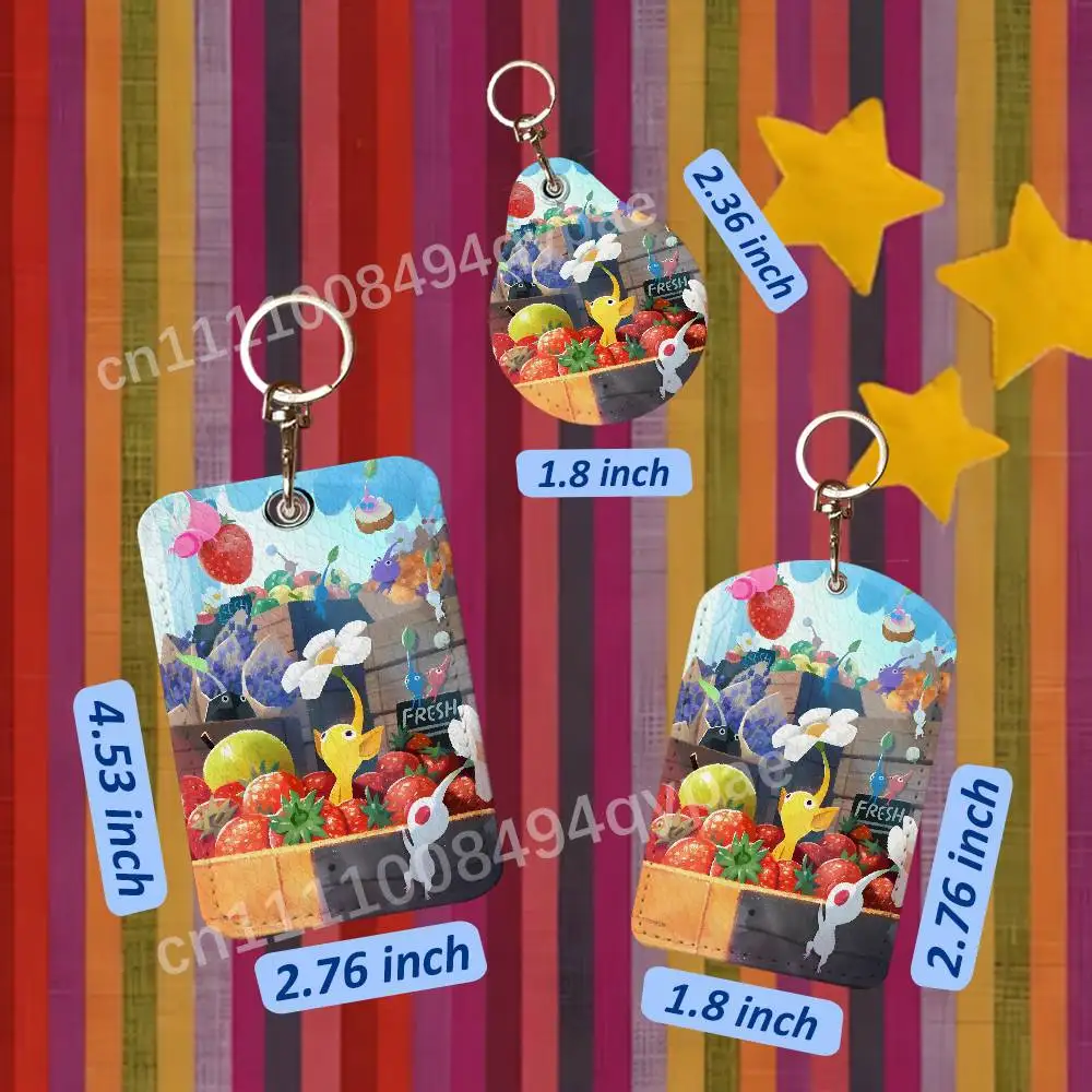 P-Pikmin Bloom 1PCS Leather Card Holder Keychain Door Lock Access Tags ID Card Case Access Card Bag Key Tag Ring view 3
