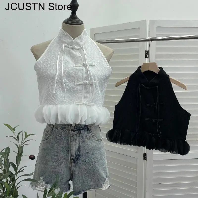 New Chinese Style Jacquard Button Down Qipao Top Women Sexy Halter Tees Fashion Ruffles Hem Cheongsam Shirt Sexy Sleeveless Vest