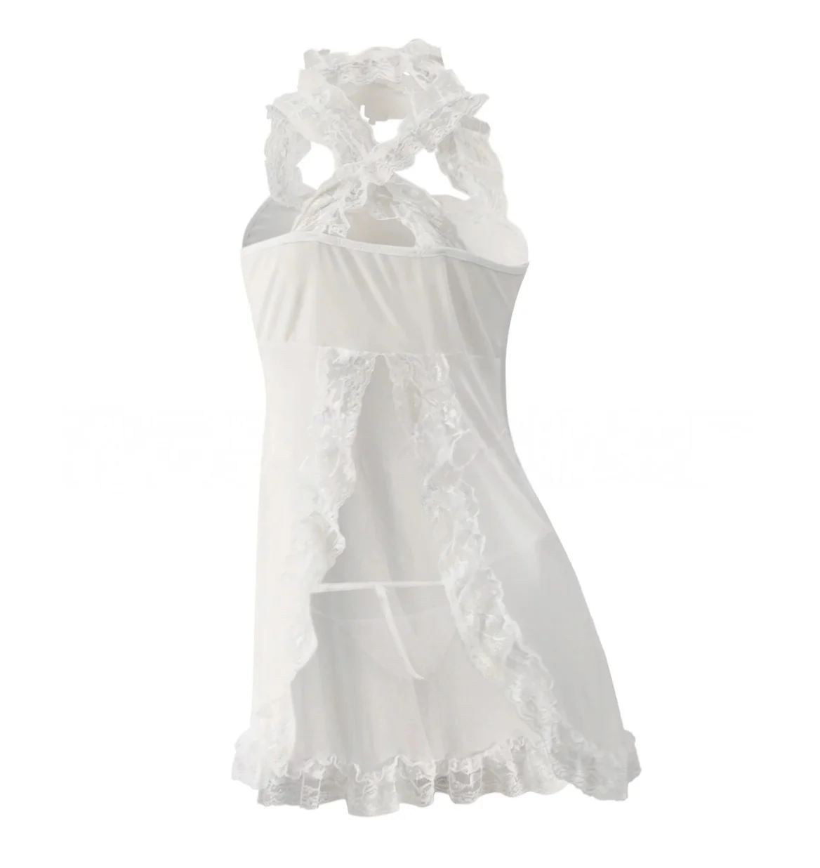Women's Suspender Lace Mesh Doll Sleepwear with Back Hollow Slit and Lotus Leaf Edge Transparent Underwear Suspender Skirt view 5
