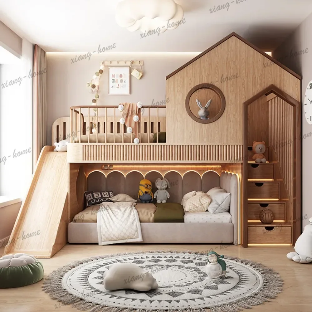 LJY Custom Loft Bunk for Kids Room Duplex 2nd Floor Treehouse Bunk Space Saving Twin Over Twin Bunk for Whole House Furniture