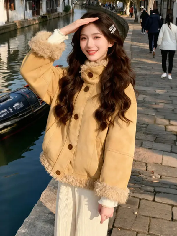 

Ретро-пальто из шерсти с воротником-стойкой на пуговицах, женская модная зимняя верхняя одежда, размеры 2026 Winter