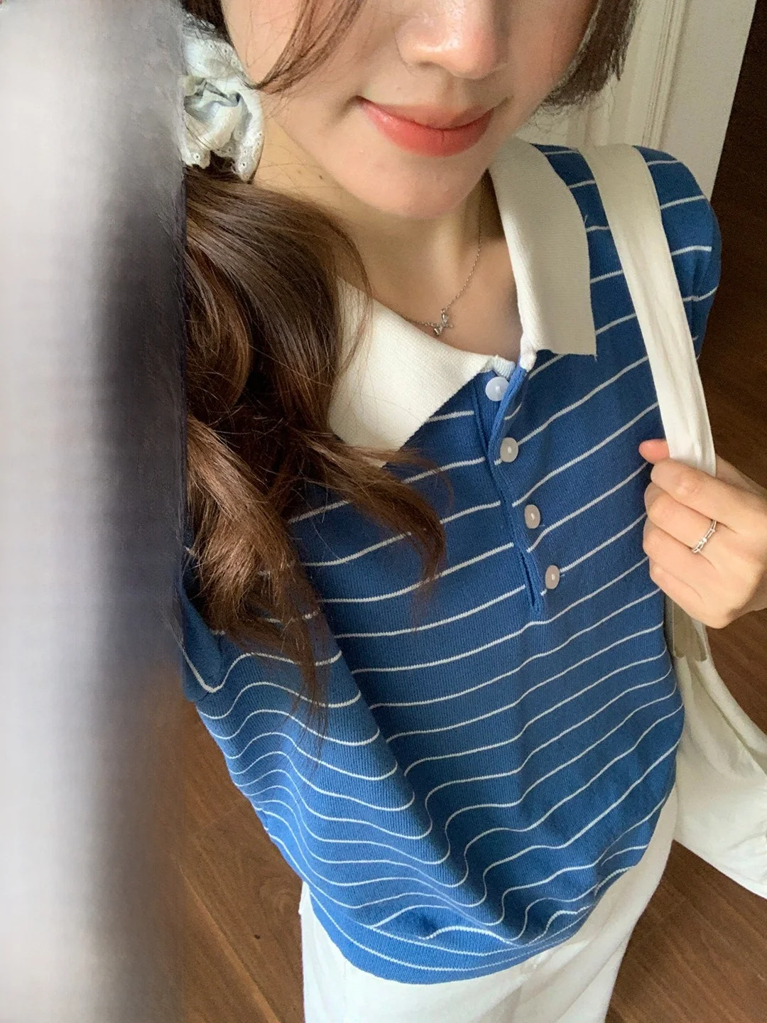 

Casual Striped Neck Knitted Sweater Short Sleeve Women's Loose Design Korean Style Soft Viscose Fiber College Style Top