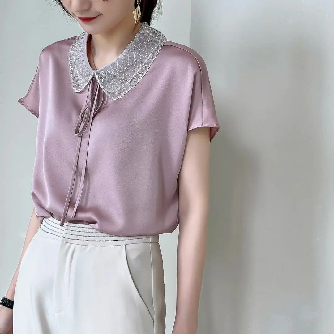 Temperament Patchwork Lacing Tops Tees Summer New Short Sleeve Solid Color Loose Office Shirts Elegant Fashion Women Clothing