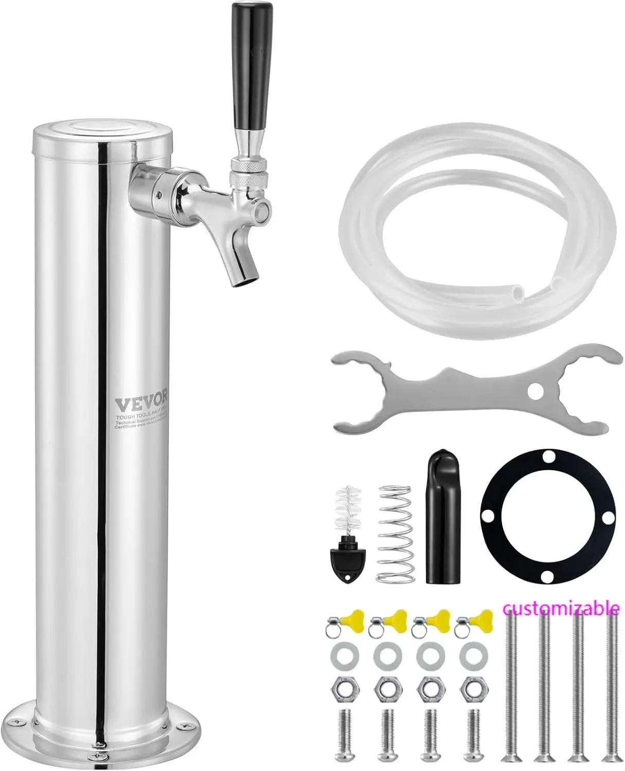 

Single Faucet Draft Beer Tower Dispenser, Stainless Steel Keg Beer Tower, Kegerator Tower Kit with Pre-Assembled Tubing and Self