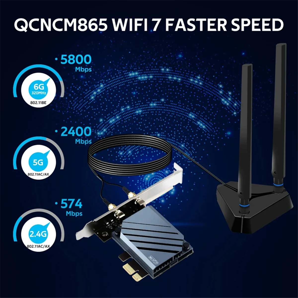A03R WI-FI 7 QCNCM865 PCIE Wifi محول بلوتوث 5.3 WiFi 7 ما يصل إلى 5.8 جيجابت في الثانية ثلاثي الموجات مع بطاقة Qualcomm اللاسلكية لـ Win11