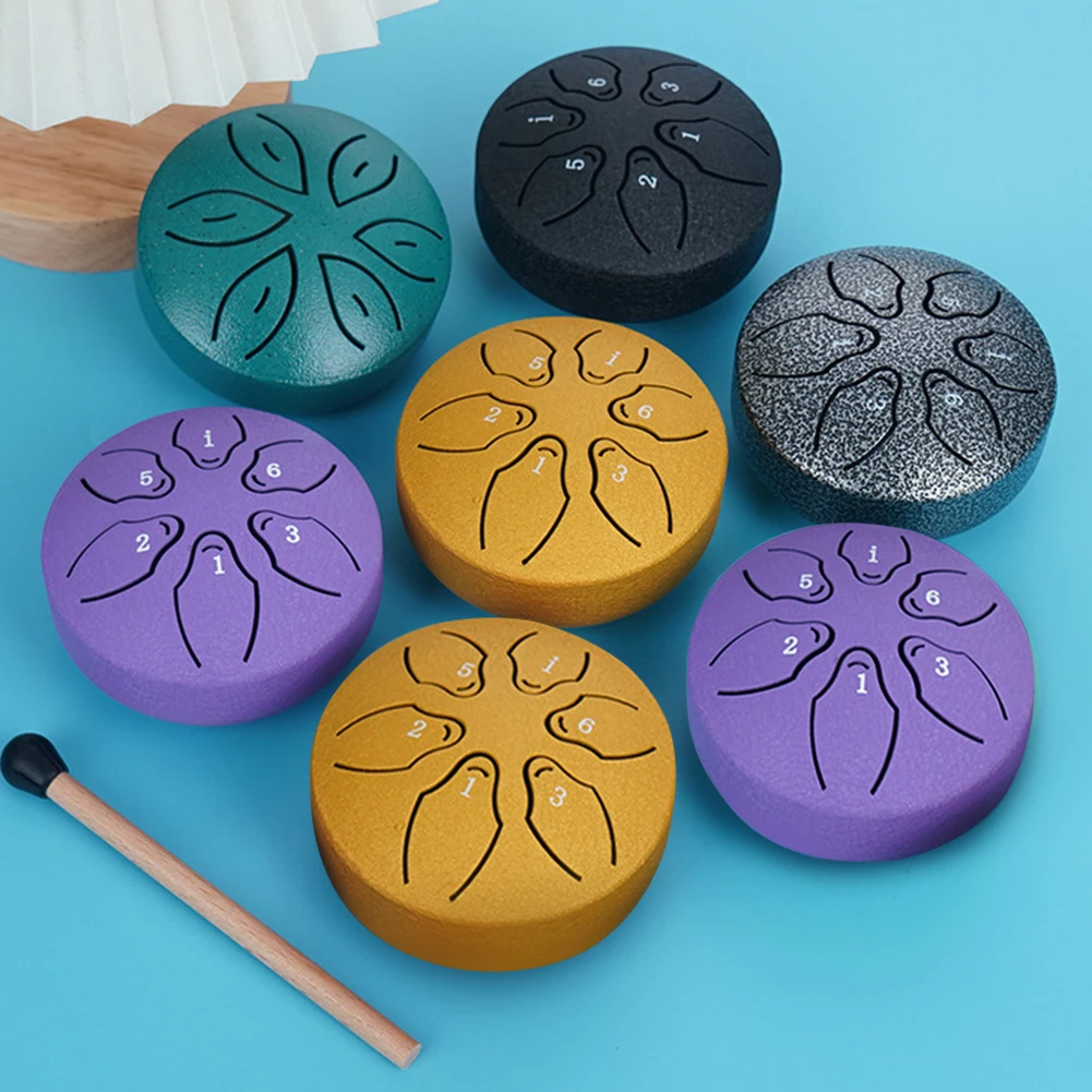 3 Inches 6 Tones Steel Tongue Drum Outdoors Rain Drum Instrument Mini Hand Drum Ethereal Drum Sticks Percussion Drum Accessories