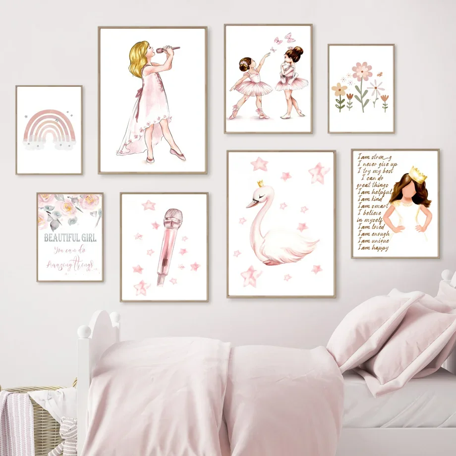 

Boho Ballet Singing Show Girls Pink Swan Flower Wall Art Canvas Painting Nordic Posters And Prints Wall Pictures Baby Room Decor