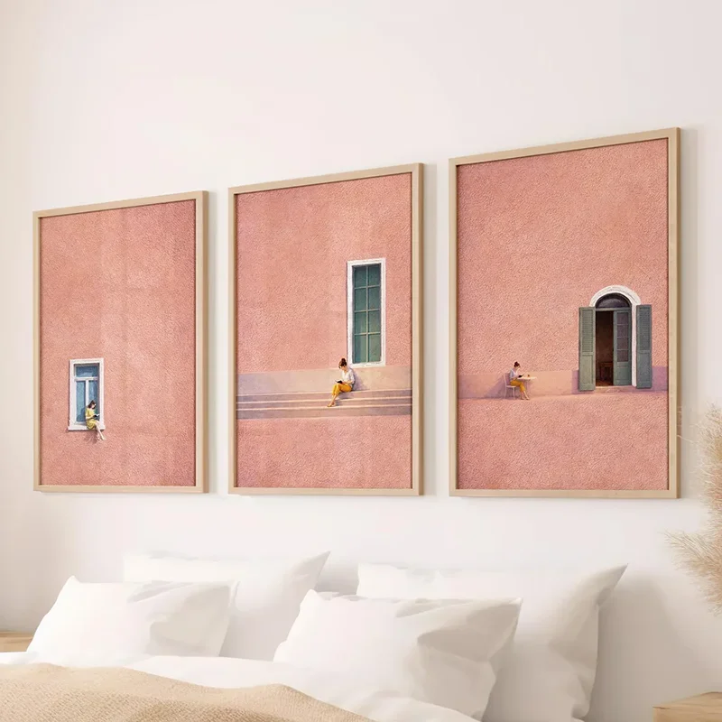 Large-sized frameless  3PCS Woman Reading Pink Wall Art Set  Minimalist Library Book Lover Print Decor Book Poster Canva
