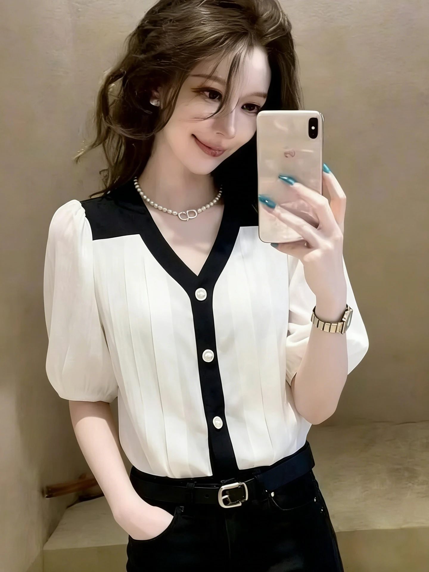 

Casual Single-Button Short-Sleeve Shirt Color Block Design Summer New Style Versatile Fashionable Women's Business Casual Shirt