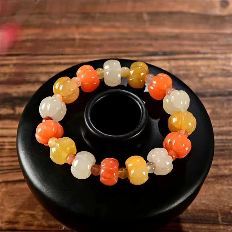 

Золотой шелковый нефритовый браслет ручной работы, цветной кварцитовый нефрит, новый дизайн, браслет из тыквы на Хэллоуин, оптовая продажа