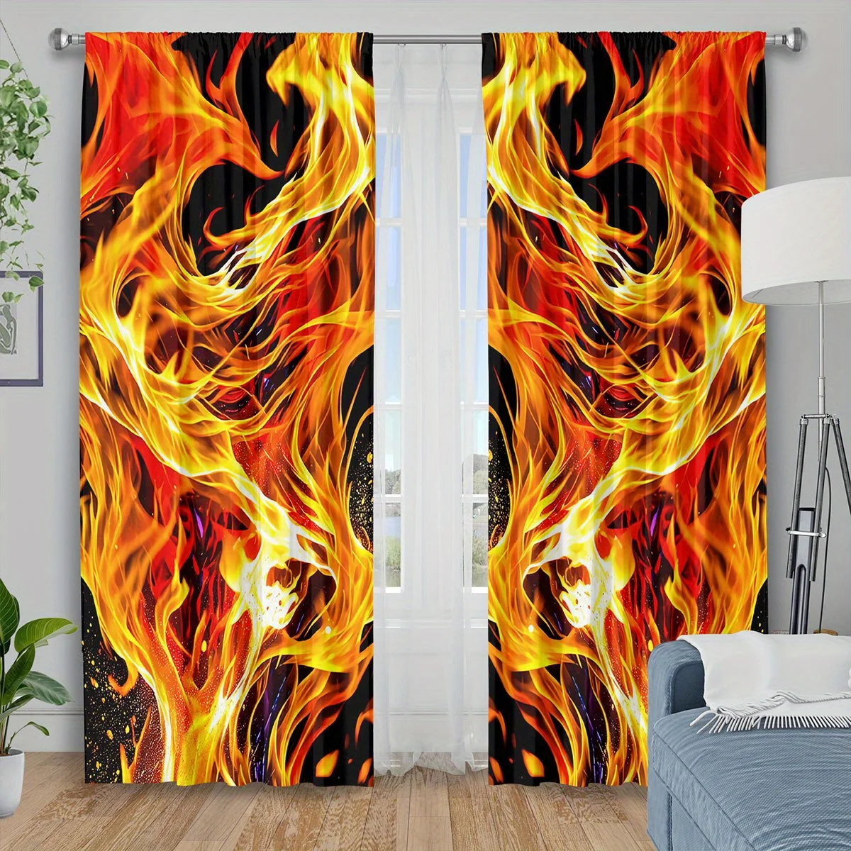 Abstract Fire Pattern Curtain, Burning Effect Digital Print Drapes, Red Yellow Black Window Curtains, Modern Living Room Decor