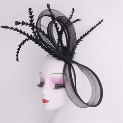 Women Black Chic Fascinator Hat Cocktail Wedding Party Church Headpiece Elegant Headwear Feather Hair Accessories Bride Hairpin