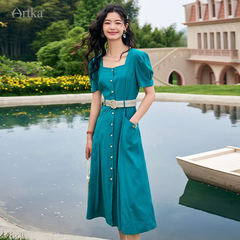 ARTKA 2023 Summer New Women Dress French Vintage Square Collar Dresses Puff Sleeve Single Breasted Dress With Belt LA92632X