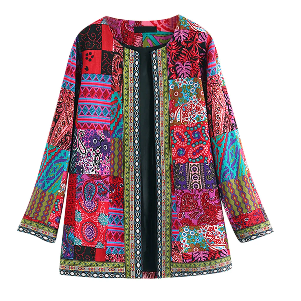 Kobiety Vintage Ethnic Style Floral Print Long Sleeve Plus Size Cotton Jacket Coat Chaqueta Mujer Roupas Femininas пальто женское