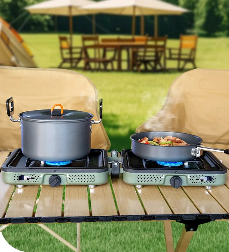 Camping Kitchen Portable Gas Stove Stainless Steel Windproof Outdoor Cooking Dual Fuel Camping Stove Foldable 2 Burner Gas Stove