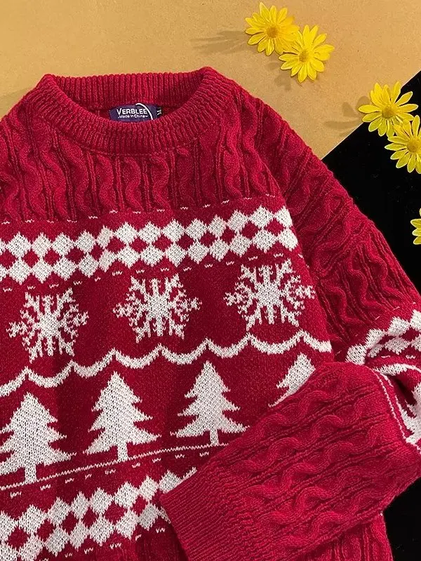 Cisas round Ne Sweater ex Autumn Winter Lazy Sle Knitted Red Oversize Couple Sweater Youthful Vitali Loose Fit