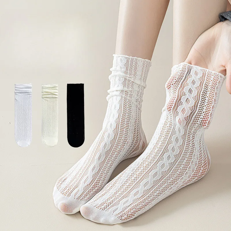 Japanese Kawaii Girls Cute Socks Spring Summer Mesh Hollowed Out Women Lolita Sock Solid Color Harajuku Retro Vintage Long Socks