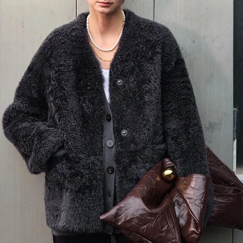 

Luxury Genuine Leather Fur V-neck Single-breasted Casual Wool Fur Coat