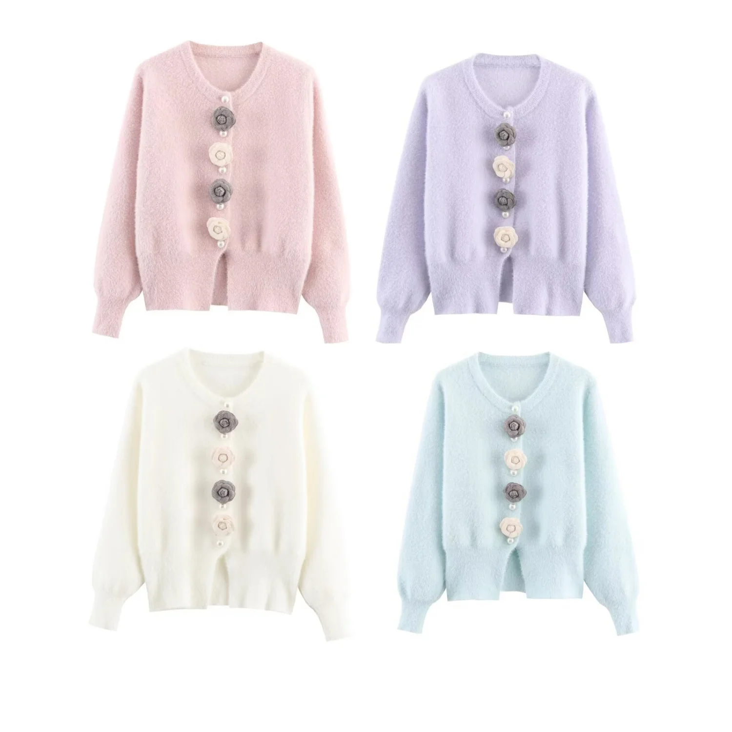 

Woman's Knitted Cardigan O-Neck 3D Flowers Long-Sleeved Solid Slim-Fit Buttons Sweater Sweet Autumn Winter New Female Short Top