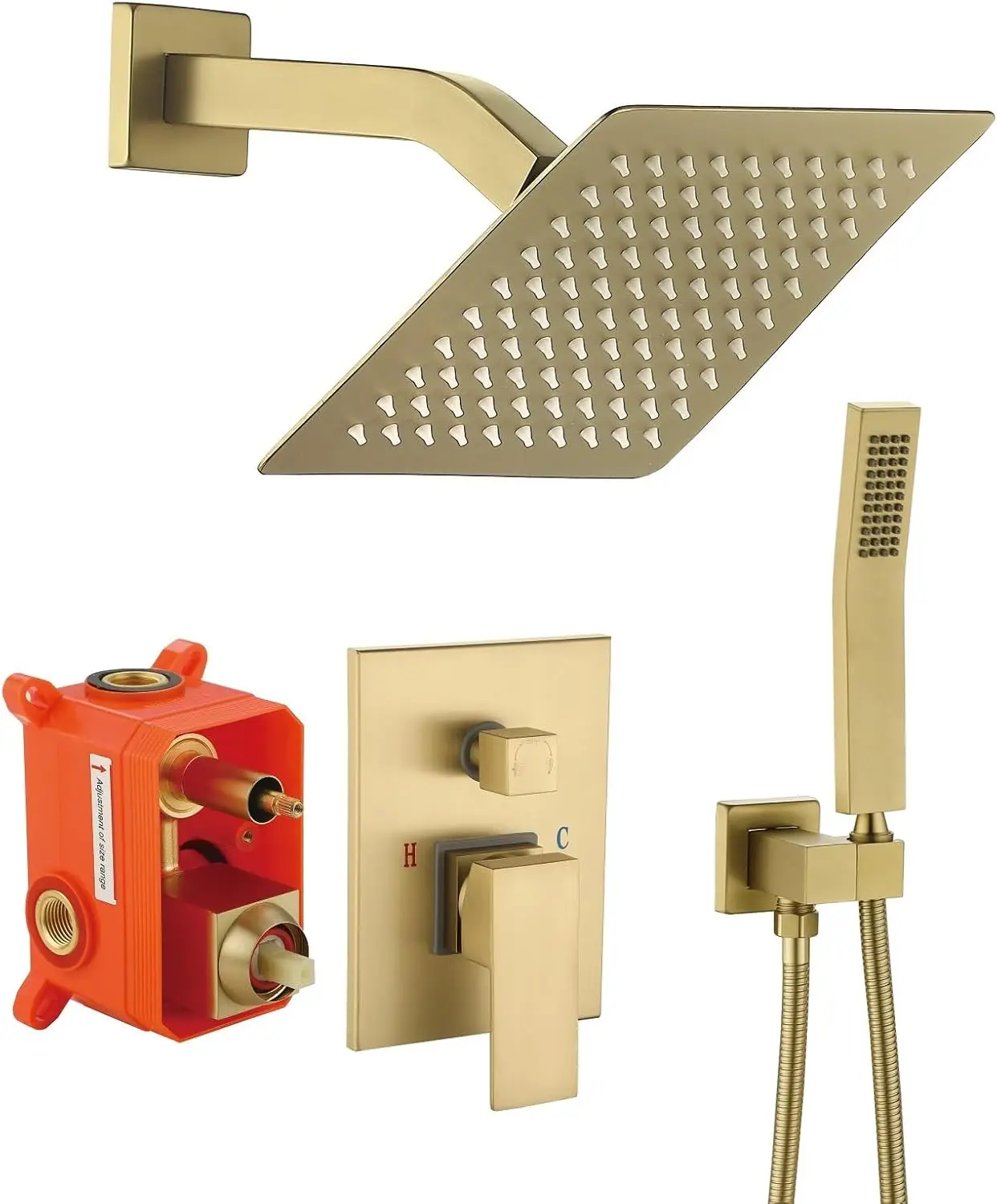 8-Inch Rain & Handheld Shower Combo, 2-Function Pressure Balance Fixture with Trim Kit, Brushed Gold Finish